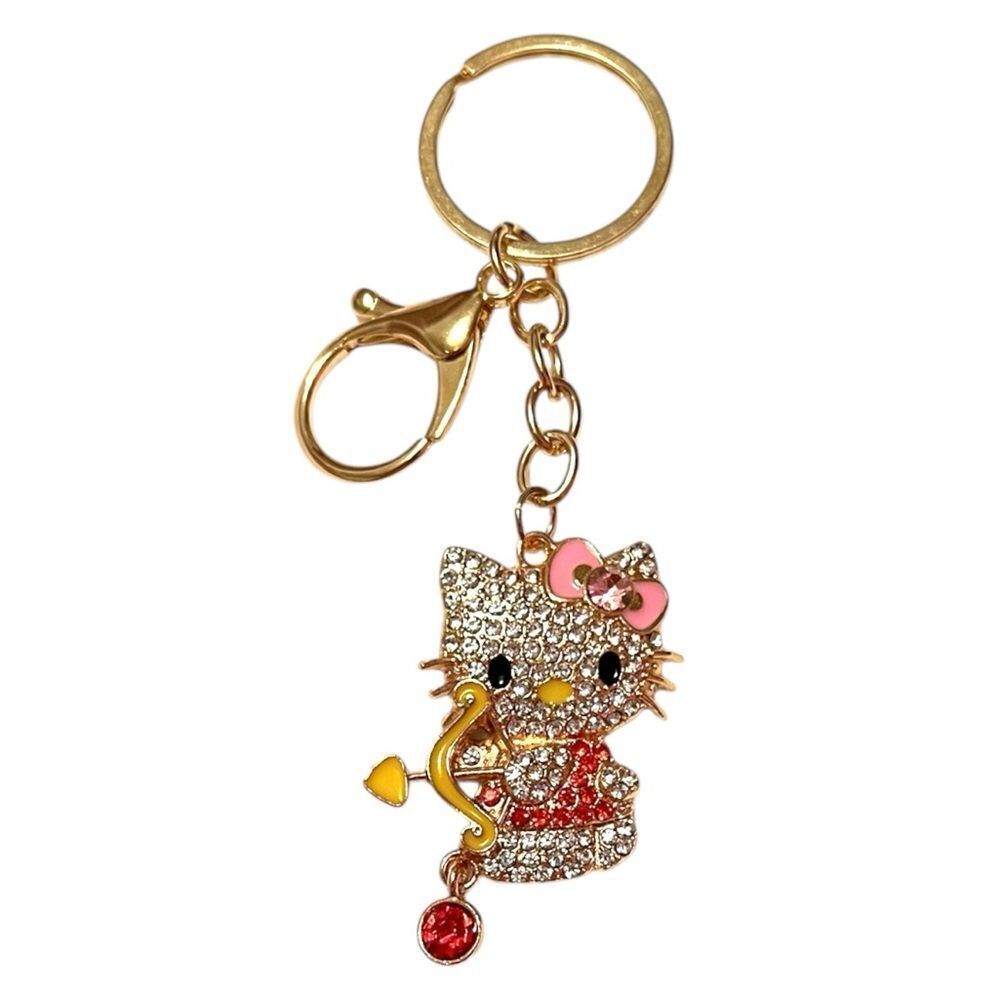 Cute Hello Kitty Cupid Red And Clear Crystal Yellow Bow Keychain